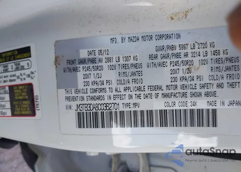 2012 Mazda Cx-9 Grand Touring из США, поврежденный, VIN JM3TB3DA8C0362701